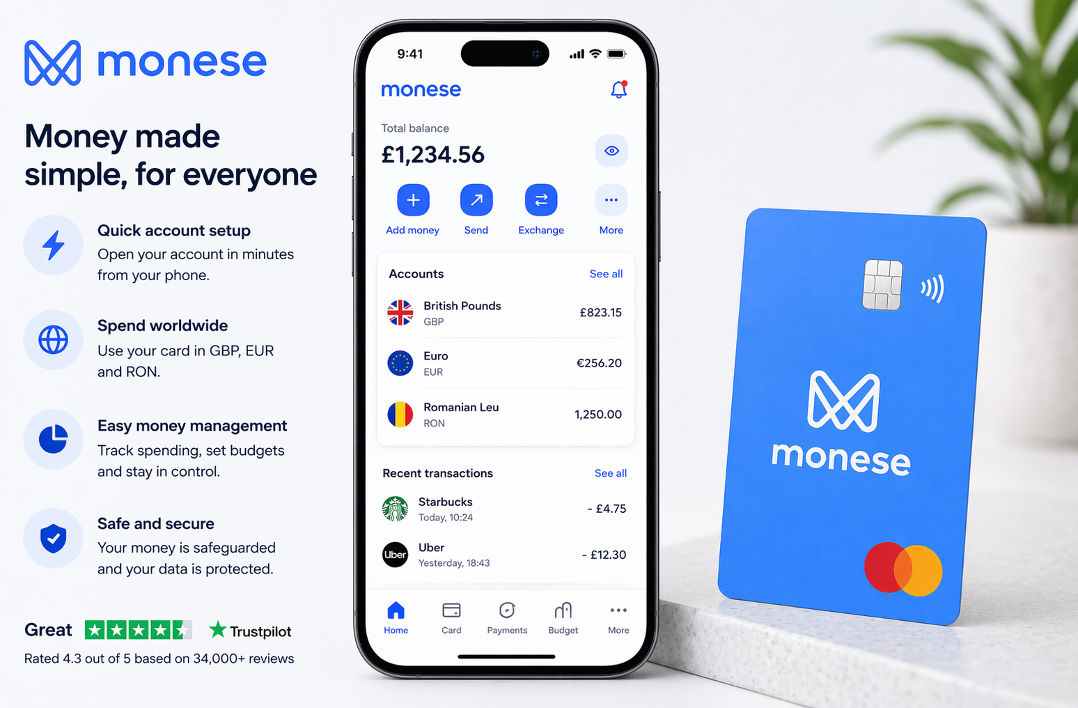 Monese app screenshot showing account balance, card, and transaction history
