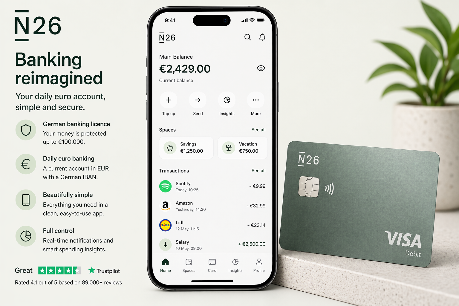 N26 app screenshot showing bank account dashboard with transactions and card settings