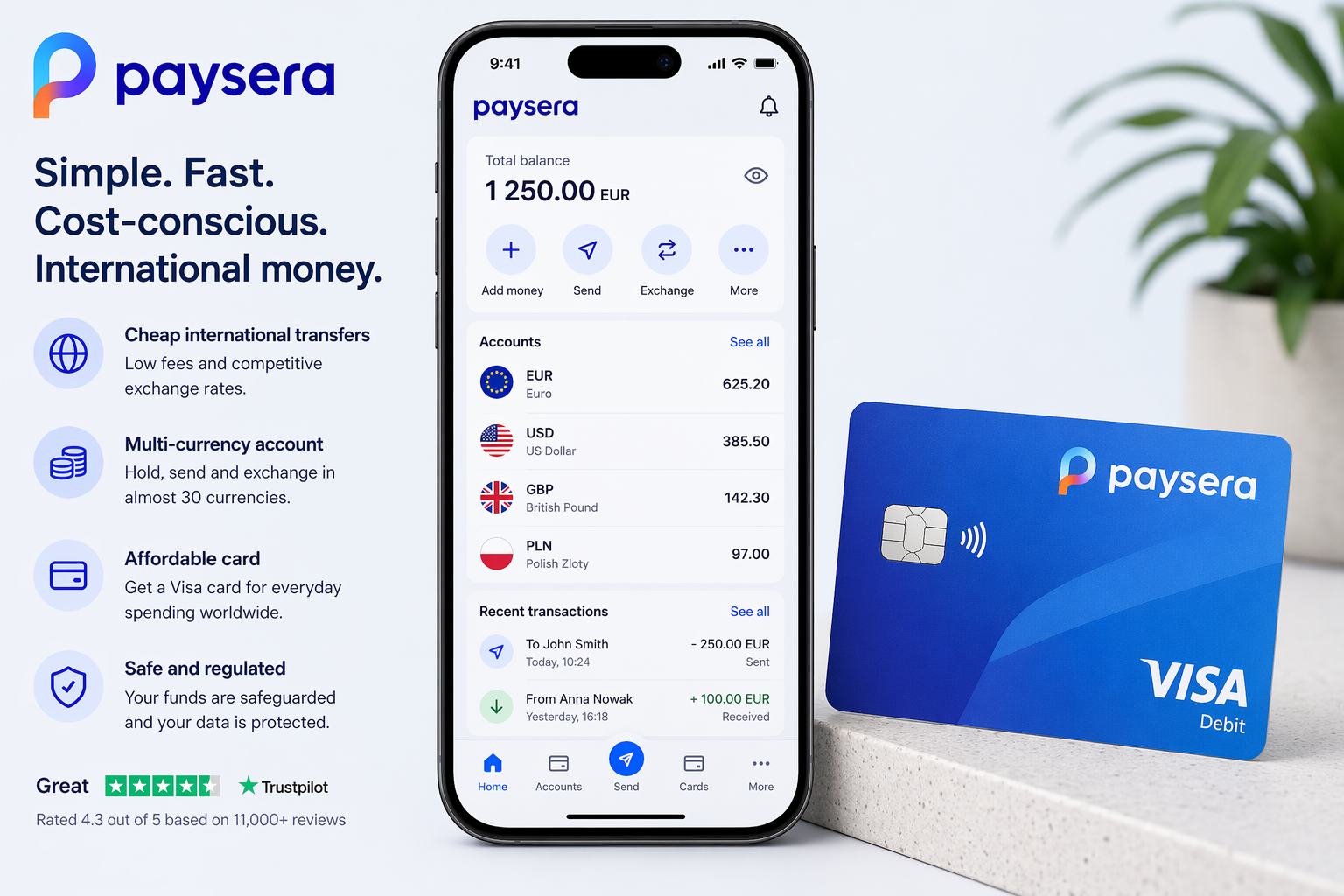 Paysera app screenshot showing account balance, transfer options, and fee overview