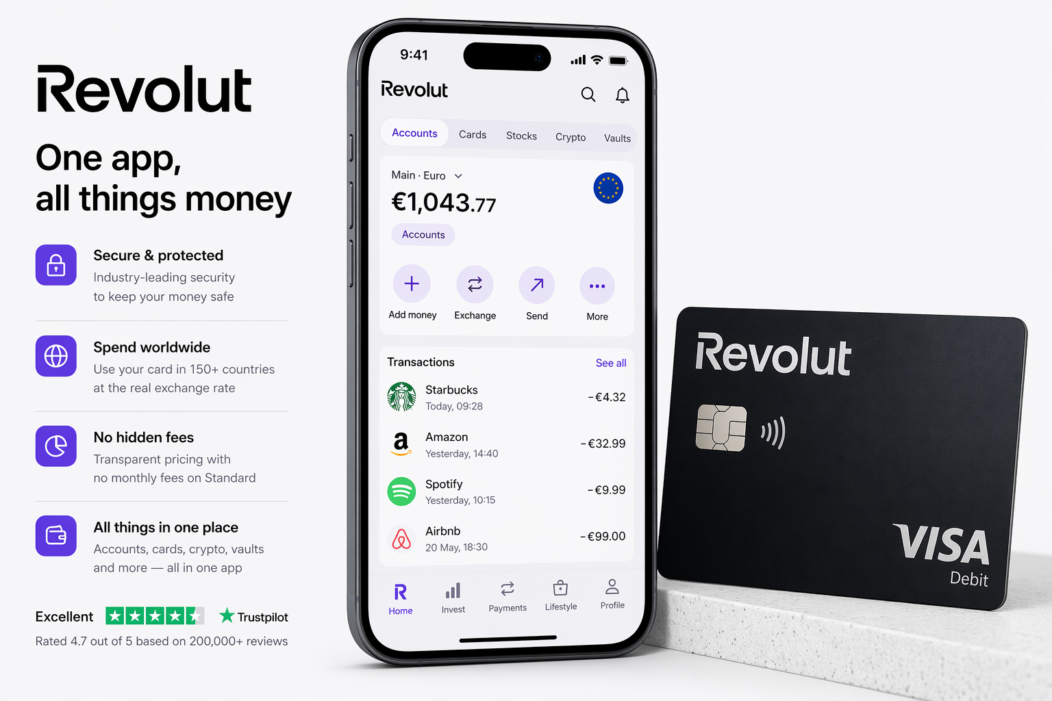 Revolut app screenshot showing account overview with card controls and spending analytics