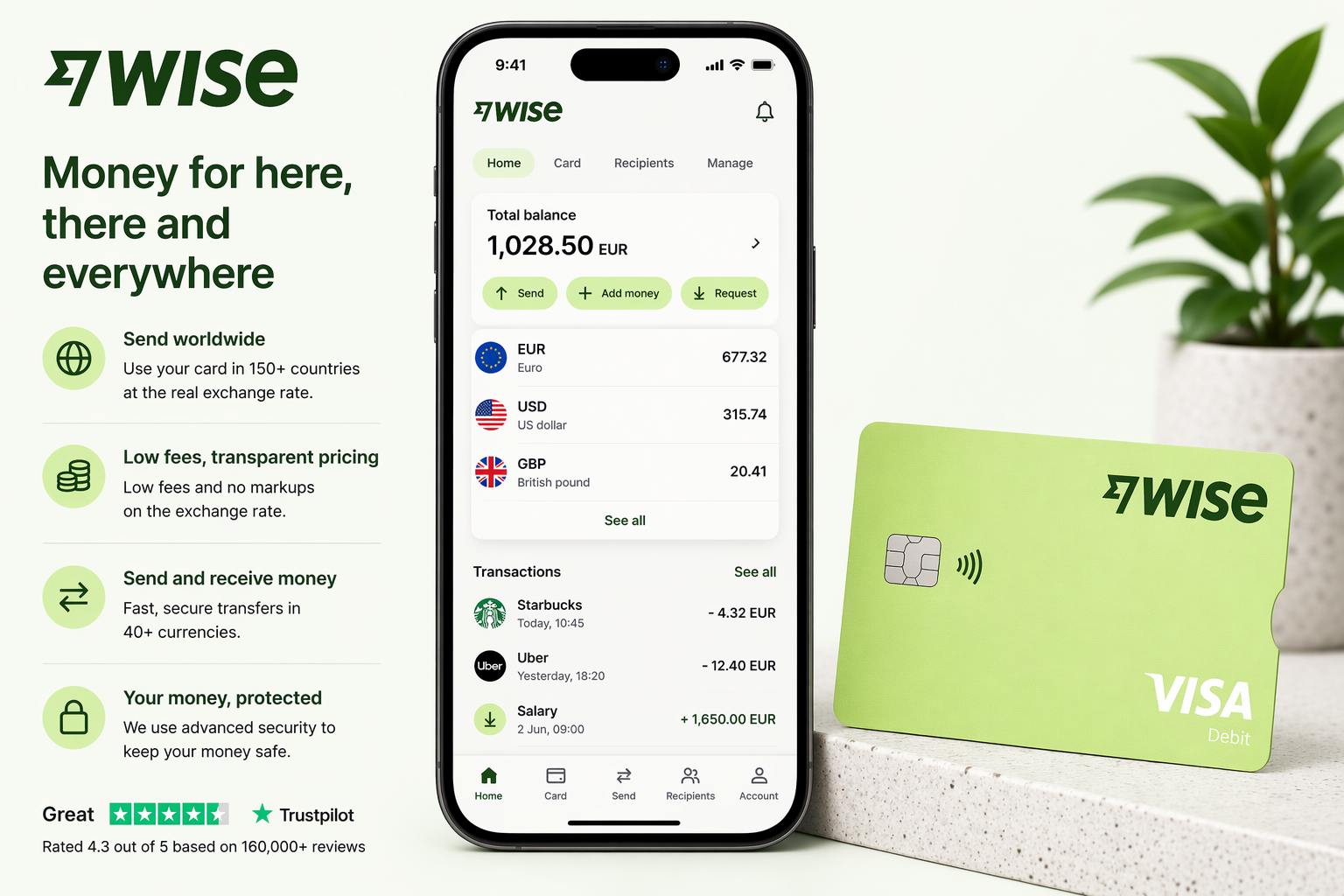 Wise app screenshot showing multi-currency balance and send money overview